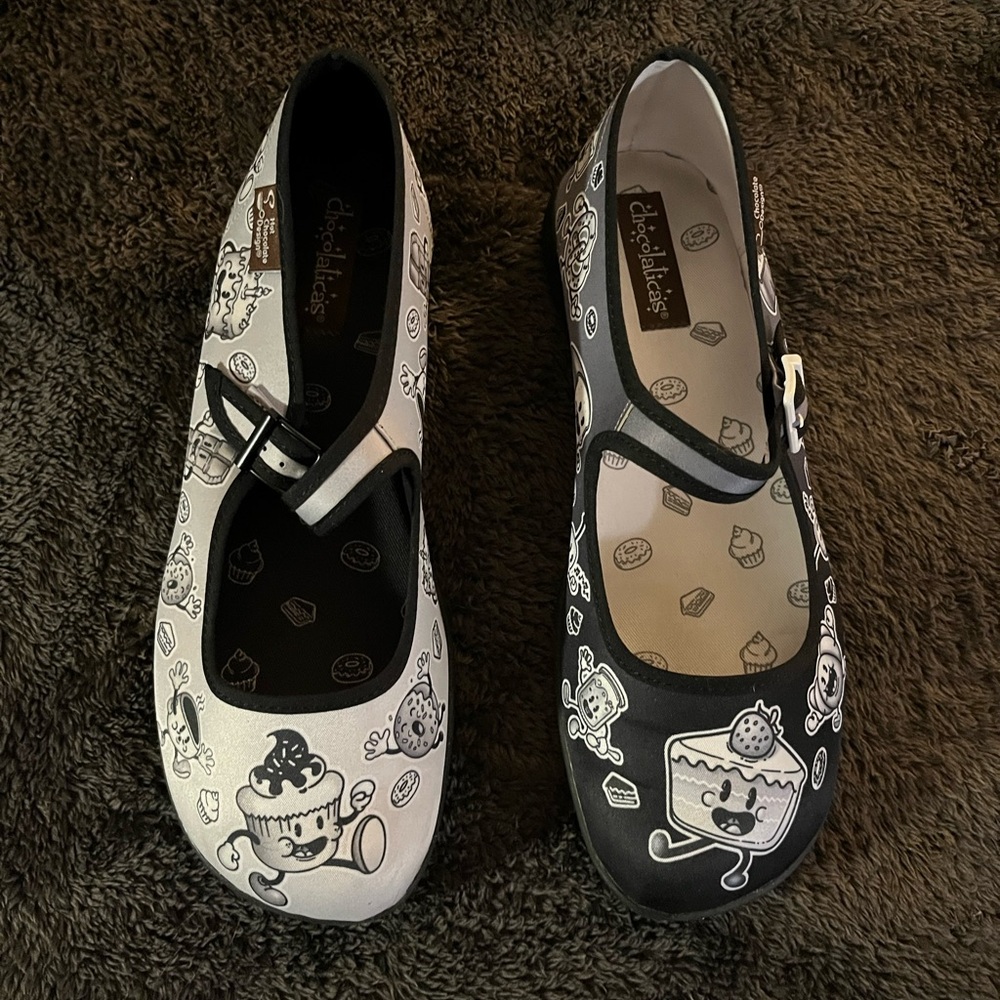 Hot Chocolate Designs Black & White Cartoon food Mary Jane Flats